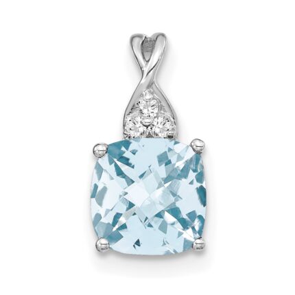 14k White Gold 7mm Cushion Checkerboard March/Aquamarine and Diamond Pendant