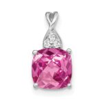 14k White Gold 7mm Cushion Checkerboard October/Lab Created Pink Sapphire and Diamond Pendant