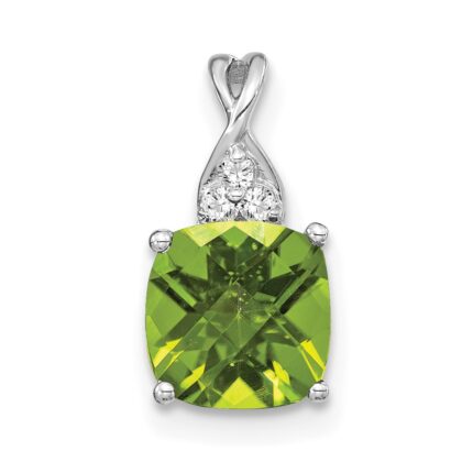 14k White Gold 7mm Cushion Checkerboard August/Peridot and Diamond Pendant
