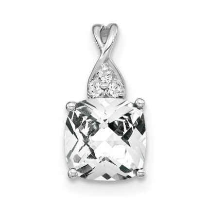 14k White Gold 7mm Cushion Checkerboard April/White Topaz and Diamond Pendant