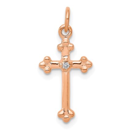 14k Rose Gold Small Diamond Budded Cross Pendant
