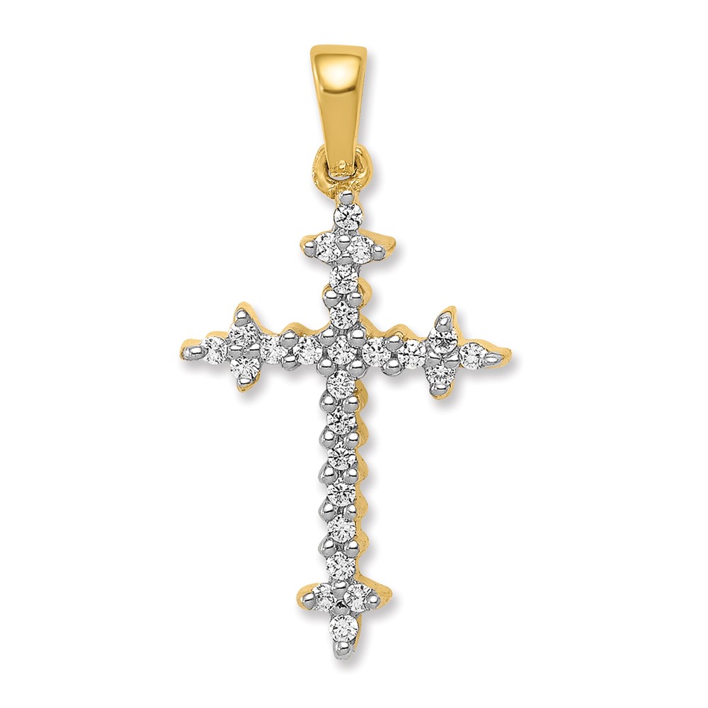 PM5075-020-YA.jpg 14k and White Rhodium 1/5 carat Diamond Fleur de Lis Cross Pendant - Image 1