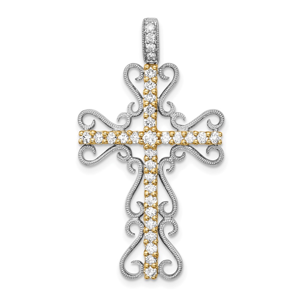 PM5093-062-WYA.jpg 14k Two-tone 5/8 carat Diamond Filigree Cross Pendant - Image 1