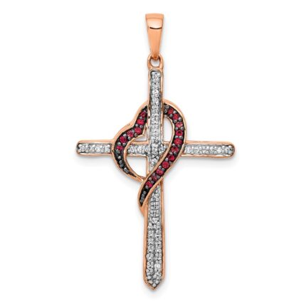 14k Rose Gold Red and White 1/4 carat Diamond Cross with Heart Pendant