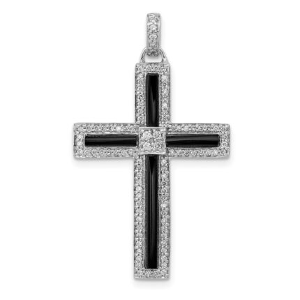 14k White Gold 1/3 carat Diamond and Onyx Cross Pendant