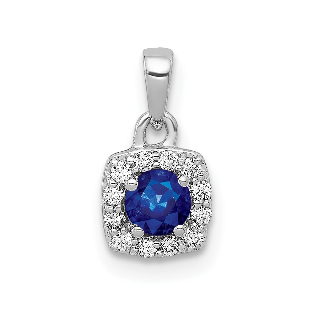 PM5248-SA-010-WA.jpg 14k White Gold Diamond and .20 Sapphire Square Halo Pendant - Image 1