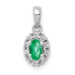 14k White Gold Diamond and Oval Emerald Halo Pendant