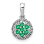 14k White Gold Diamond and Emerald Cluster Halo Pendant