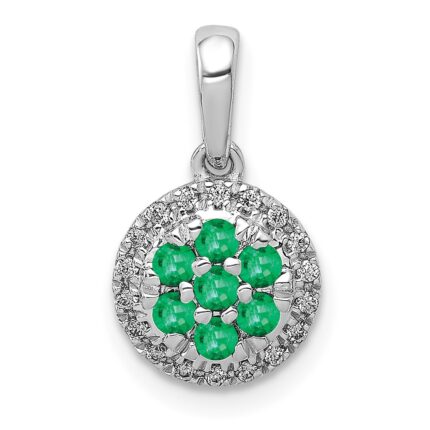 14k White Gold Diamond and Emerald Cluster Halo Pendant
