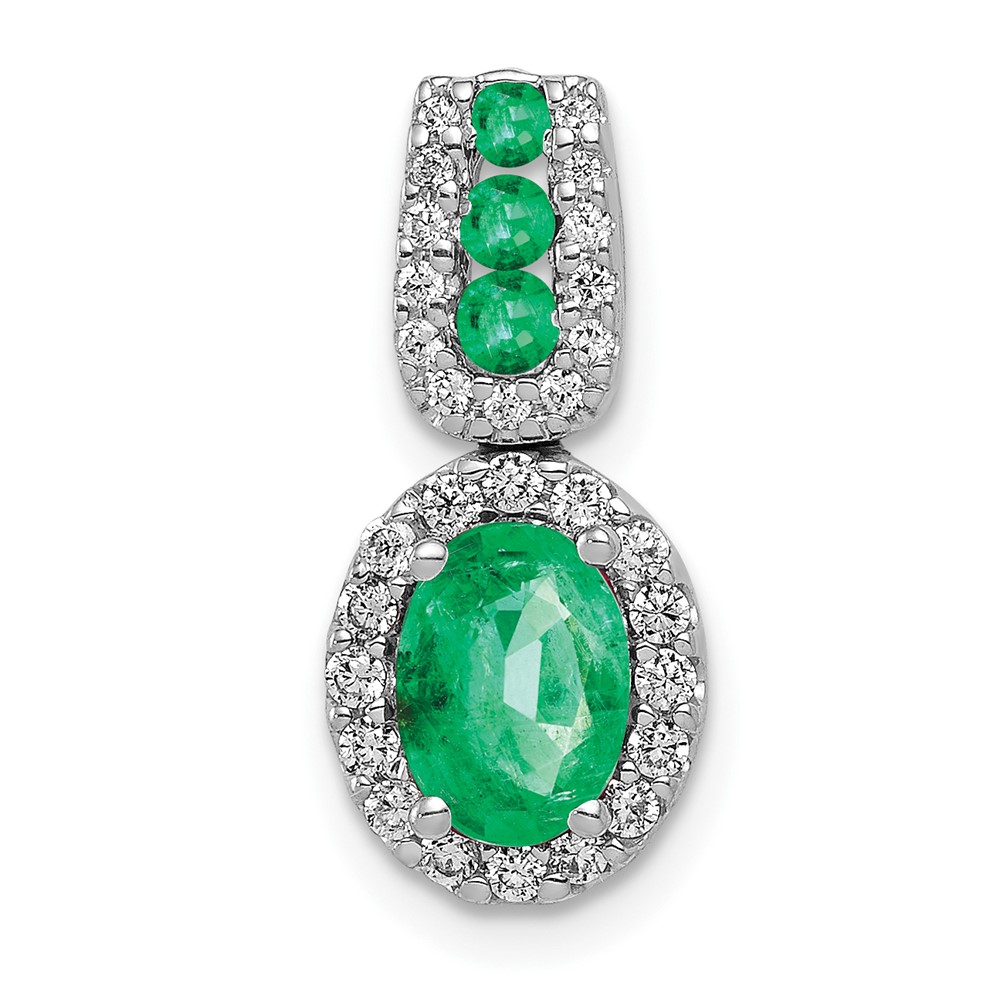 PM5260-EM-020-WA.jpg 14k White Gold 1/5 carat Lab Grown Diamond VS/SI+ G+ and Lab Created Emerald Oval Halo Pendant - Image 1
