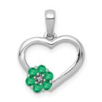 14k White Gold Diamond and Emerald Flower and Heart Pendant