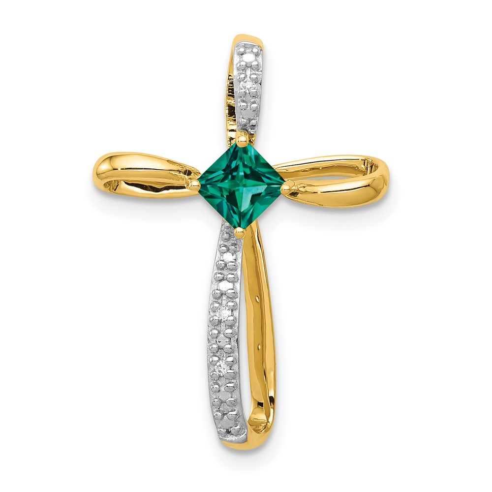 PM5278-CEM-001-1YA.jpg 10k w/Rhodium Lab Created Emerald and Diamond Cross Pendant - Image 1