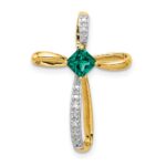 14k and White Rhodium 4mm Square Lab Created Emerald and Diamond Cross Omega Slide