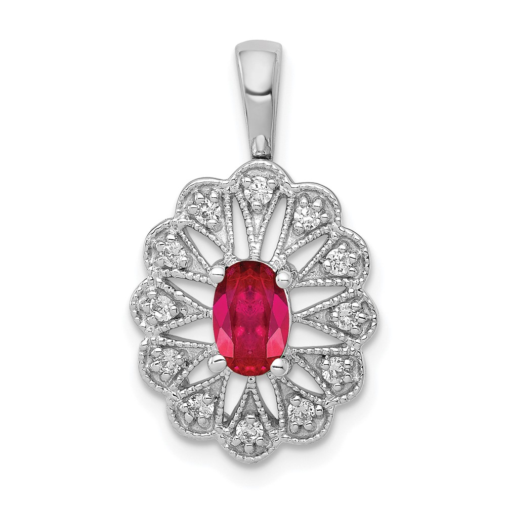 PM5279-RU-016-WA-1.jpg 14k White Gold 1/6 carat Diamond and Oval Ruby Fancy Pendant - Image 1