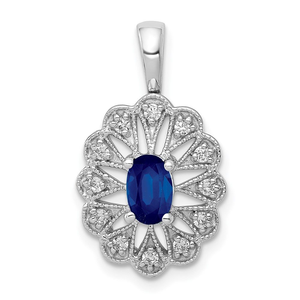PM5279-SA-016-WA.jpg 14k White Gold 1/6 carat Lab Grown Diamond VS/SI+ G+ and Lab Created Blue Sapphire Pendant - Image 1