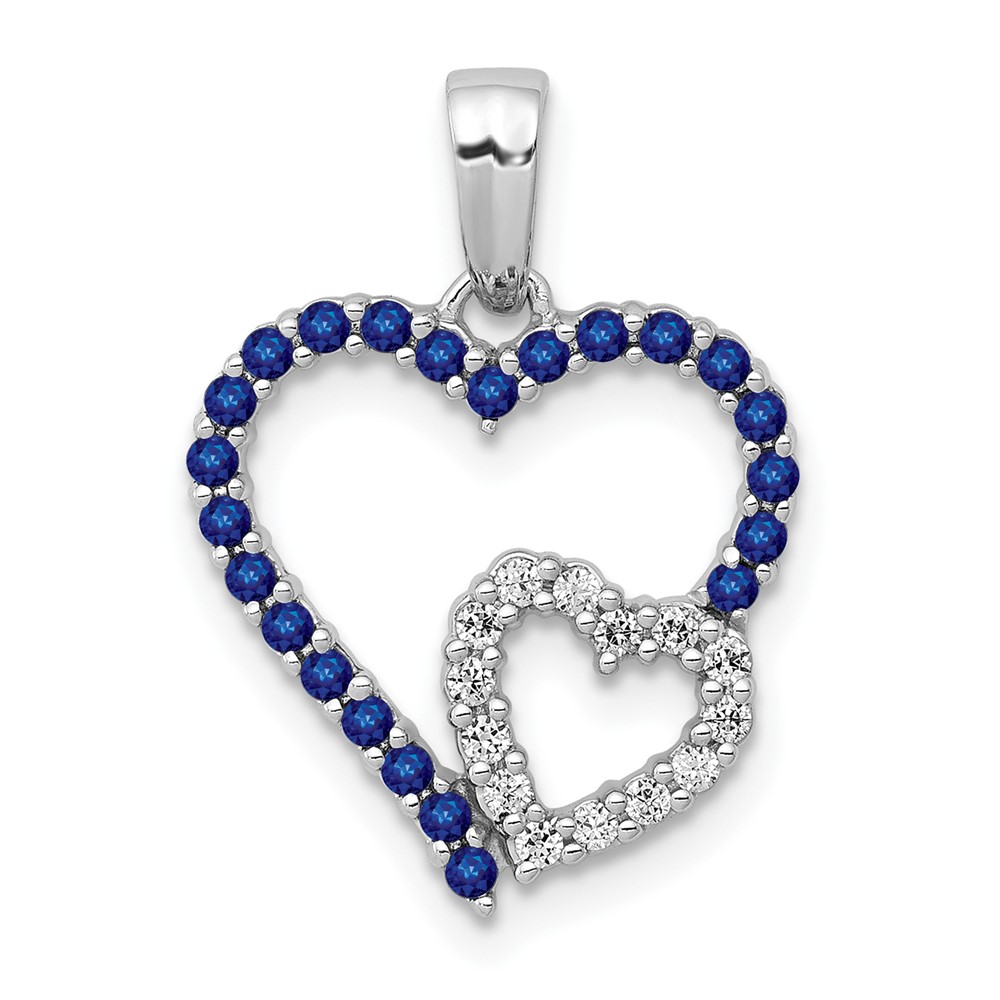 PM5289-SA-010-WA.jpg 14k White Gold Diamond and Sapphire Double Heart Pendant - Image 1