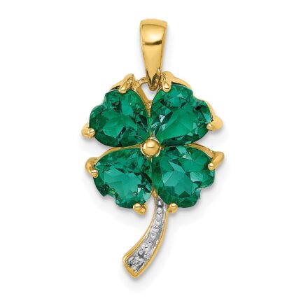 14k Lab Created Heart Emerald and Diamond Four Leaf Clover Pendant