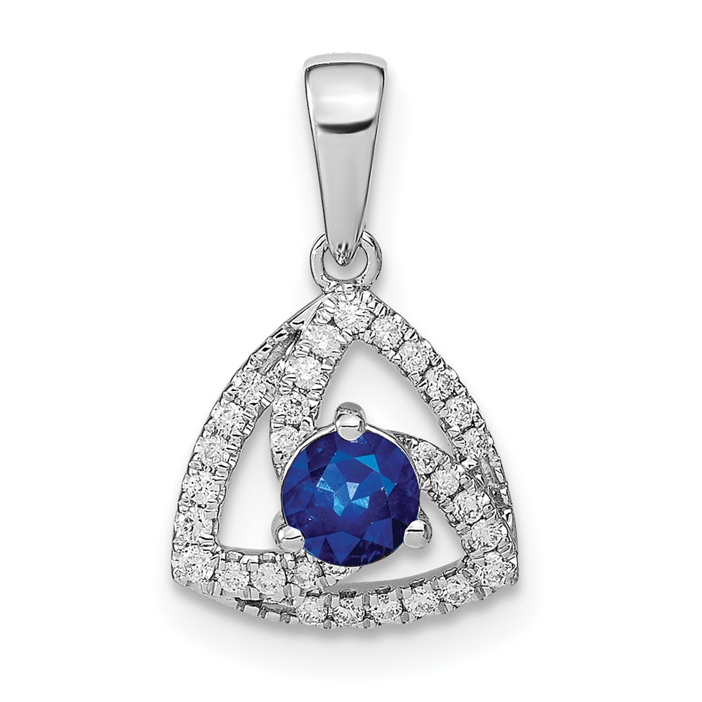 PM6898-SA-010-WA.jpg 14k White Gold Diamond and Round Blue Sapphire Triangle Pendant - Image 1