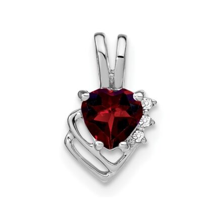 14k White Gold 5mm Heart Garnet and Diamond Pendant