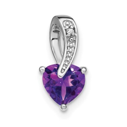 14k White Gold Heart 6mm Amethyst and Diamond Chain Slide