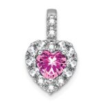 14k White Gold Lab Created Pink Sapphire and White Topaz Halo Heart Pendant