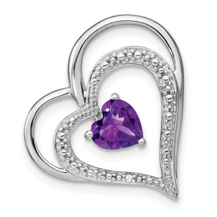 14k White Gold Amethyst and Diamond Double Heart Chain Slide