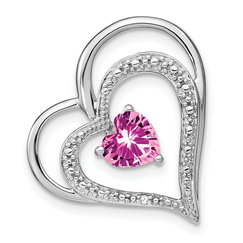PM7024-CPS-001-WA.jpg 14k White Gold Lab Created Pink Sapphire and Diamond Double Heart Chain Slide - Image 1