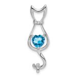 14k White Gold 6mm Heart Blue Topaz and Diamond Cat Chain Slide
