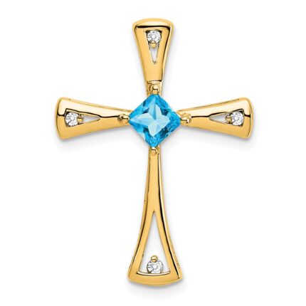 14k 4mm Square Blue Topaz and Diamond Cross Chain Slide