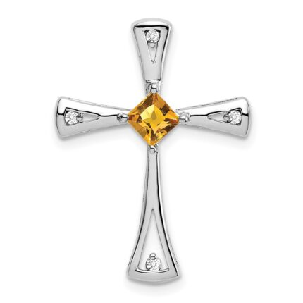 14k White Gold 4mm Square Citrine and Diamond Cross Chain Slide