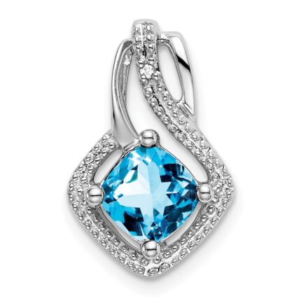 14k White Gold 6mm Cushion Blue Topaz and Diamond Chain Slide
