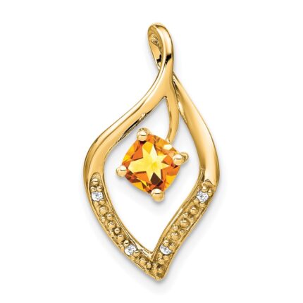 14k 5mm Cushion Citrine and Diamond Leaf Chain Slide