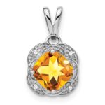 14k White Gold 7mm Cushion Citrine and Diamond Pendant