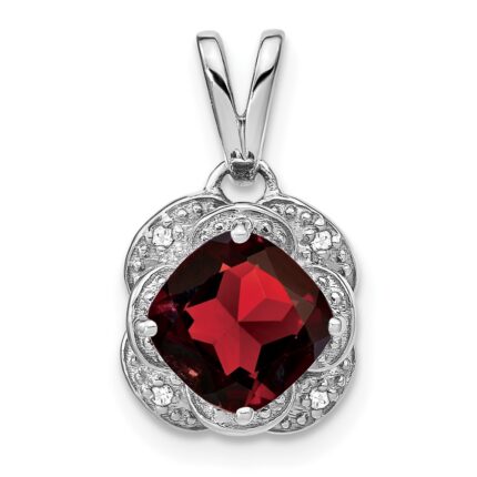 14k White Gold 7mm Cushion Garnet and Diamond Pendant