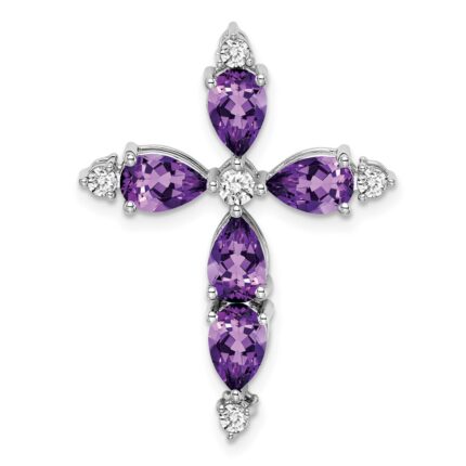 14k White Gold 6x4mm Pear Amethyst and Diamond Cross Chain Slide