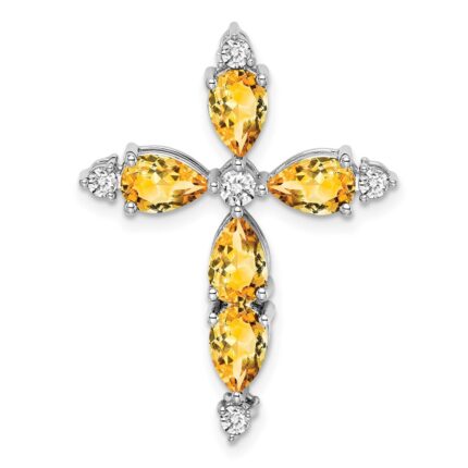 14k White Gold 6x4mm Pear Citrine and Diamond Cross Chain Slide