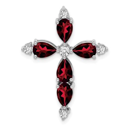 14k White Gold 6x4mm Pear Garnet and Diamond Cross Chain Slide