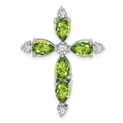 14k White Gold 6x4mm Pear Peridot and Diamond Cross Chain Slide