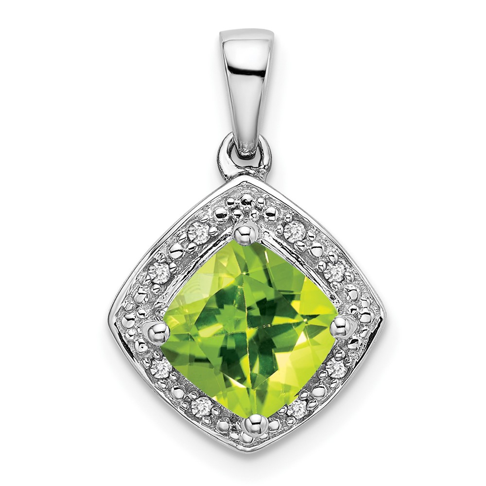 PM7045-PE-004-WA.jpg 14k White Gold 7mm Cushion Peridot and Diamond Halo Pendant - Image 1