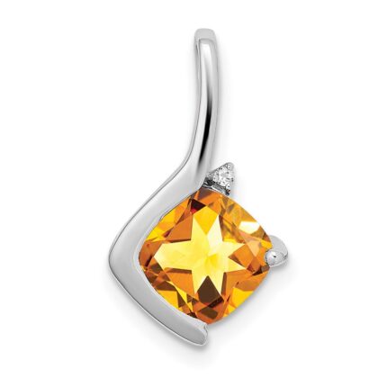14k White Gold 7mm Cushion Citrine and Diamond Pendant