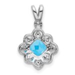 14k White Gold 7mm Cushion Blue Topaz and Diamond Scalloped Pendant - Image 4