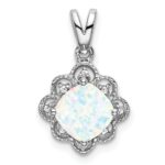 14k White Gold Lab Created Opal and Diamond Scalloped Pendant
