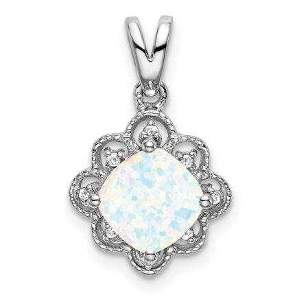 14k White Gold Lab Created Opal and Diamond Scalloped Pendant