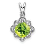 14k White Gold 7mm Cushion Peridot and Diamond Scalloped Pendant