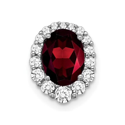 14k White Gold 8x6mm Oval Garnet and Diamond Halo Chain Slide