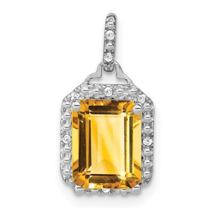 14k White Gold 9x7mm Emerald-cut Citrine and Diamond Halo Pendant