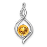 14k White Gold 6.5mm Round Citrine and Diamond Fancy Pendant