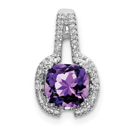 14k White Gold 6mm Cushion Amethyst and Diamond Pendant