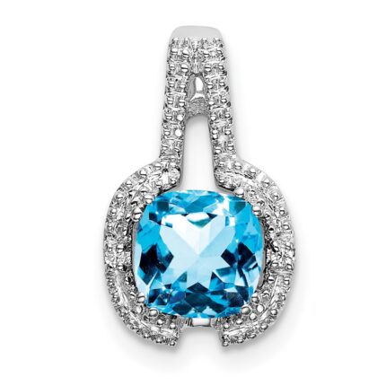 14k White Gold 6mm Cushion Blue Topaz and Diamond Pendant