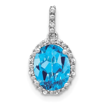14k White Gold 9x7mm Oval Blue Topaz and Diamond Halo Pendant
